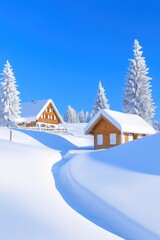 Winter wonderland with snow-covered cabins and pine trees under bright blue sky
