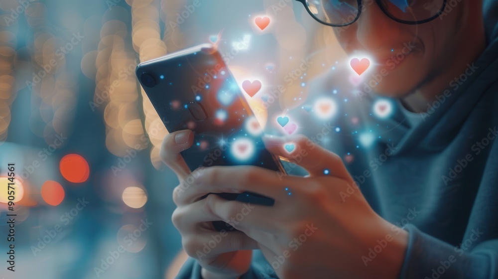 Poster a man is using his smartphone outdoors, surrounded by shimmering heart icons representing likes and 