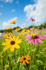 Obraz premium Vibrant wildflowers blooming under a blue sky in springtime meadow