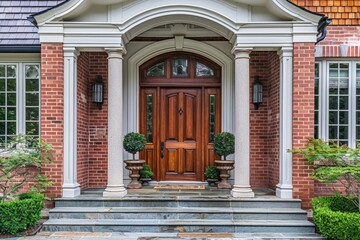 Expensive House Front Door. Elegant Wooden Entryway with Columned Portico and Flagstone Steps