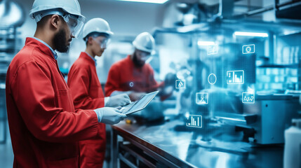 Obraz premium Workers in a state-of-the-art manufacturing plant, with digital safety compliance icons