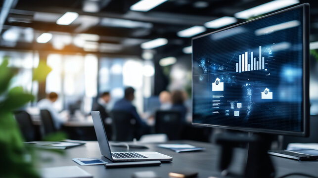 A business presentation in a sleek office, highlighted by compliance icons