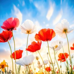 Obraz premium Vibrant poppies blooming under a bright sky during golden hour