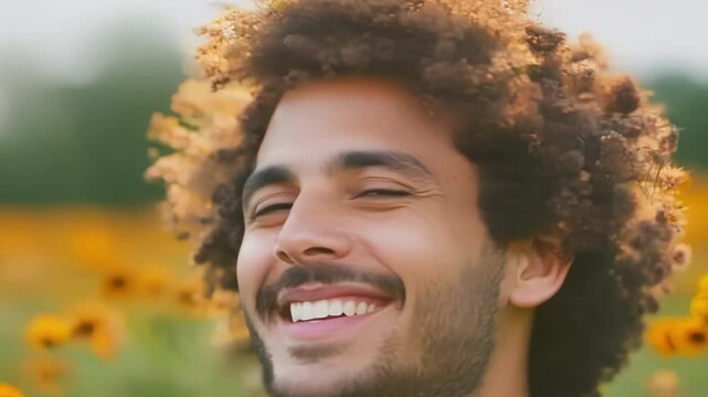 A young man with a vibrant head of curly hair looks up at the camera with an expression of pure bliss surrounded by a colorful field of wildflowers.