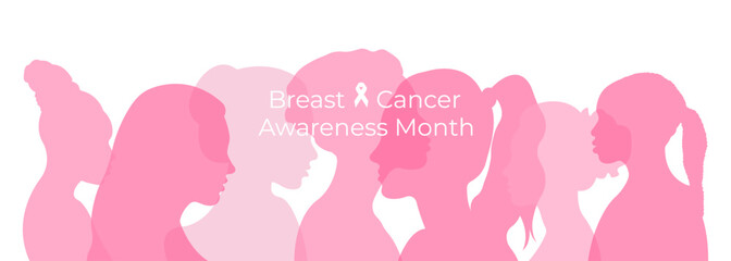 Breast Cancer Awareness Month.Banner with silhouettes of women standing side by side and space for text.Vector illustration.