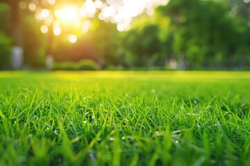 Naklejka premium Lawn Low Angle. Green Grass Field With Blurred Park Background and Sunlight - Spring and Nature Background Concept