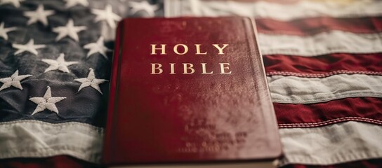A red holy bible with gold letters rests on the American flag symbolizing faith and patriotism
