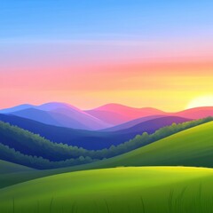 Vibrant sunset over rolling hills and mountains in a tranquil landscape