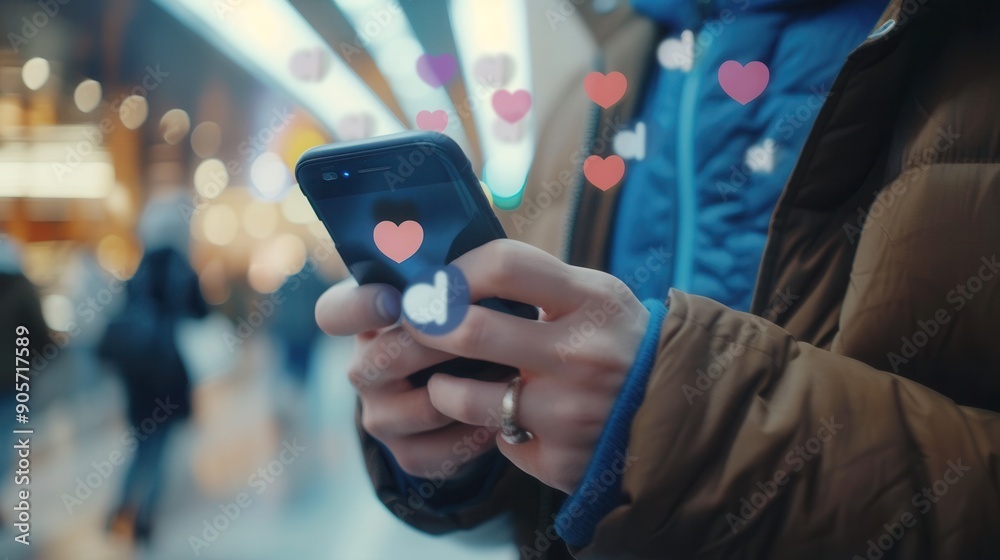 Poster a man interacts with his smartphone surrounded by floating likes icons, depicting engagement in soci