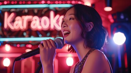 Young Asian woman singing at Karaoke next to a sign in the night club