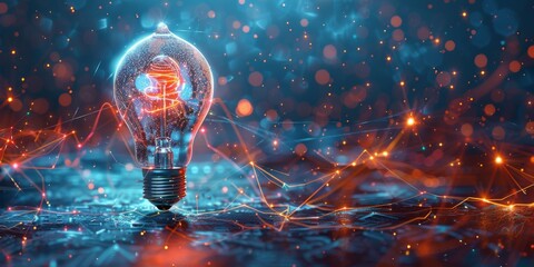 Innovative Technology Meets Holographic Glowing Low Poly Light Bulb on a Dark Background - A Fusion of Creativity and Futuristic Design.