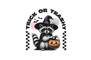 Fototapeta premium Trick or trashy, Vintage Halloween Raccoon PNG Sublimation T shirt Design