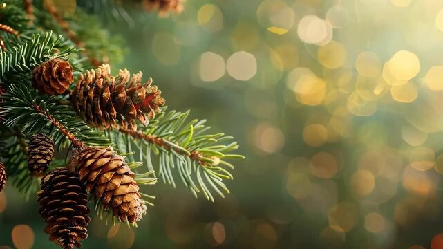 Pine tree branch with cones gentle movements over the gold flickering bokeh background. Warm Christmas holidays atmosphere. For new year or xmas presentation or greeting.
