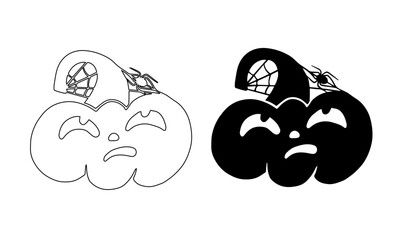 Coloring, silhouette of funny autumn pumpkin characters with web and spiders. Vector graphics.
