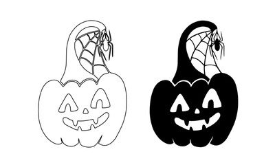 Coloring, silhouette of funny autumn pumpkin characters with web and spiders. Vector graphics.