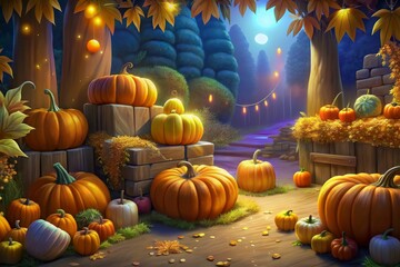 Enchanting autumn evening with pumpkins under a moonlit sky