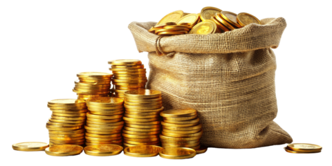 Gold Coins in a Sack, Stacks of Wealth on Black Background