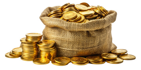 Golden Coins in Burlap Sack - Wealth, Success, Treasure