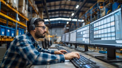 Warehouse Worker Analyzing Data on Monitors