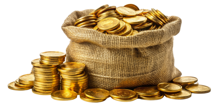 Golden Coins in Burlap Sack - Wealth, Success, Treasure