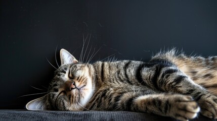 Tabby reclining and napping against black wall