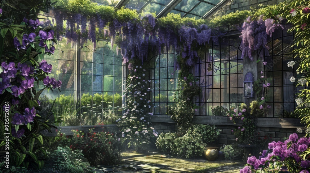 Poster a tranquil conservatory filled with vibrant orchids and green foliage, illuminated by soft sunlight 