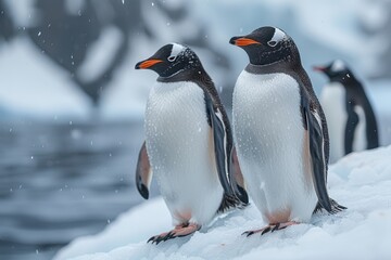 Fototapeta premium Realistic Galvanoart Penguins Standing on Ice Floe in Antarctic Ocean, Wildlife Photography