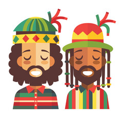 Two smiling men beards wearing colorful hats striped shirts, eyes closed, isolated white background. Both men unique hairstyles, one curly hair braids, expressing contentment, wearing vibrant
