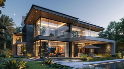 Fototapeta premium Modern luxury two-story villas with glass exterior, swimming pool and evening lighting