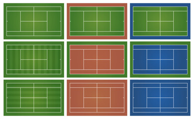 Vector of tennis court with different ground color from top view. Realistic tennis field with green, brown and blue playground. Vector EPS 10