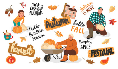 Fototapeta premium Autumn outdoor activities collection with people,hand written,house, fall plants.Girl with pumpkins, farmer and old woman with wheelbarrow full of fruit.Vector designs set in color isolated on white.