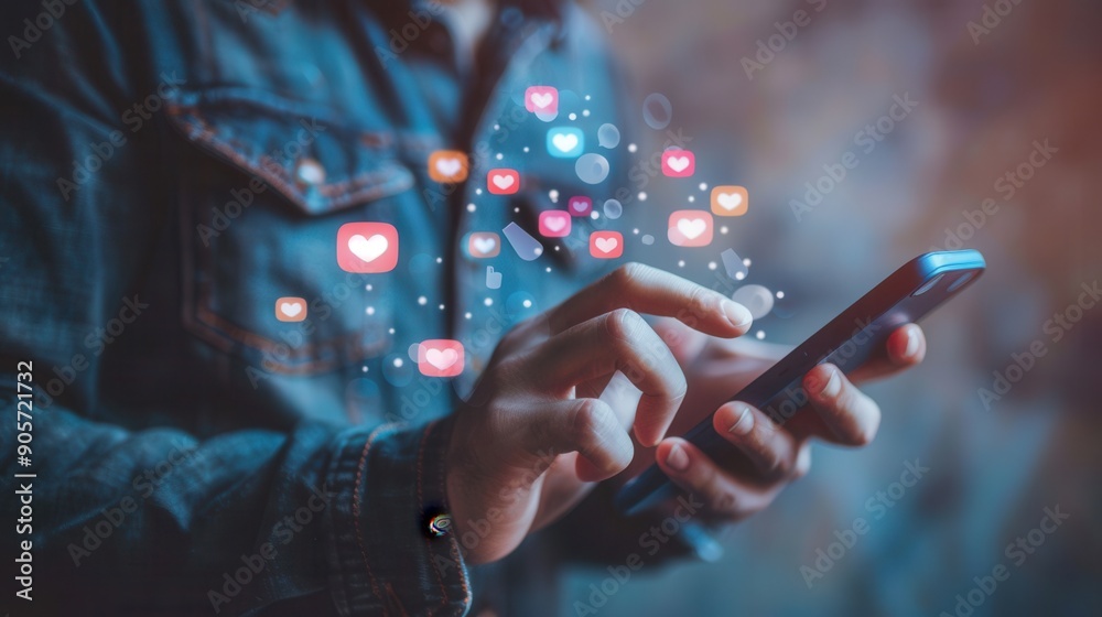 Aufkleber A man interacts with his smartphone, surrounded by floating icons representing likes and love reactions on social media. Generative AI