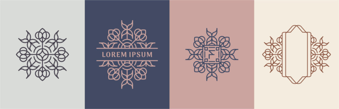 Luxury flowers and leaves logo design. Frames with copy space for text or letter. Abstract vector based creative line style template.