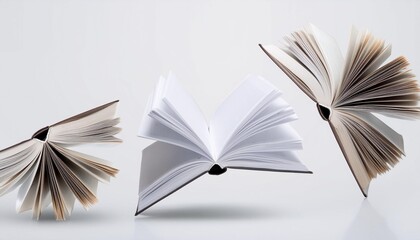 four opened empty books flying forward isolated imagination concept