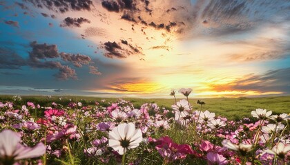 Obraz premium a bright afternoon sky with a few clouds above a blooming flower meadow japanese animation background