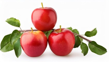 apple isolated three red ripe juicy apples on branch with green leaves isolated on white background as design for package