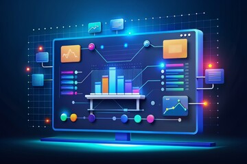 A glimpse into the future: neon lights reflecting data visualizations on a modern screen