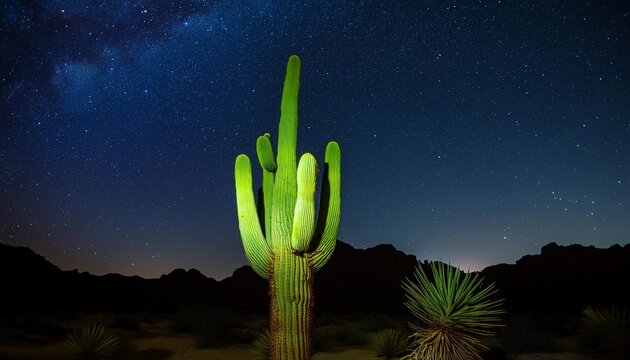 surrealist photography of a neon green cactus glowing under a pitchblack desert night sky scattered with twinkling stars