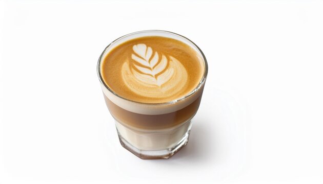 piccolo latte art in small glass on white background isolated