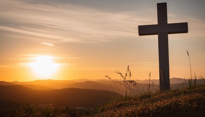 christian cross in serene sunset landscape with soft lighting symbolic of faith and tranquility copy space available