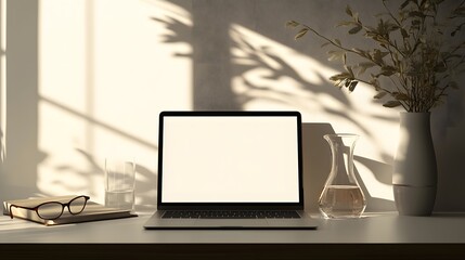 Fototapeta premium Home office workspace front view. Blank screen laptop, eyeglasses, water decanter, and glass on white desk. Soft sunlight glare and shadows. Copy space
