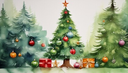 watercolor christmas tree wih decorations on a white background