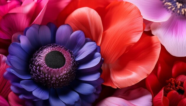closeup macro background of red pink and purple anemone flowers - Powered by Adobe
