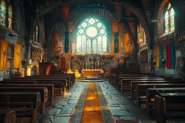 Fototapeta premium Elegant Interior of Historic Church With Colorful Stained Glass in Late Afternoon Light