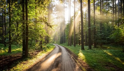 Obraz premium road in polish wild forest with visible sun rays kampinos national park poland