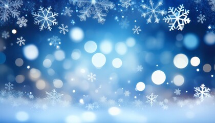 christmas and new years holiday blue bokeh background with snowflakes