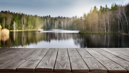 wooden board empty table in front of blurred background perspective grey wood over blur lake in forest can be used for display or montage your products spring season vintage filtered image high