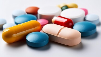 close up of various colourful medication pills on a white background
