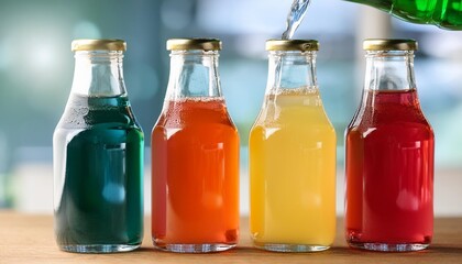 pour colorful soft drinks into glass bottles and place them on the table