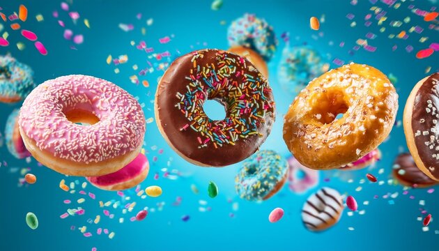 flying donuts mix of multicolored doughnuts with sprinkel on blue background